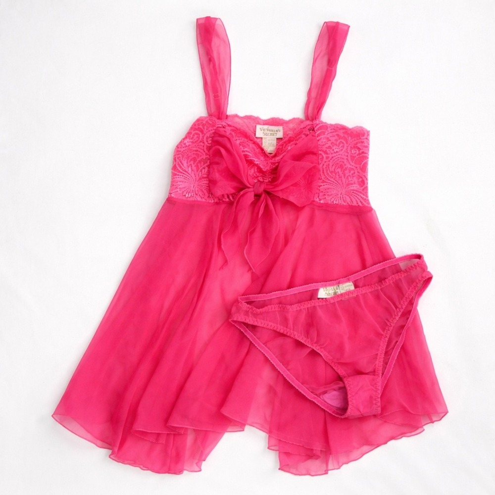 Victoria's Secret Babydoll Set Pink Medium Gold Label Lace Bow Vintage Lingerie